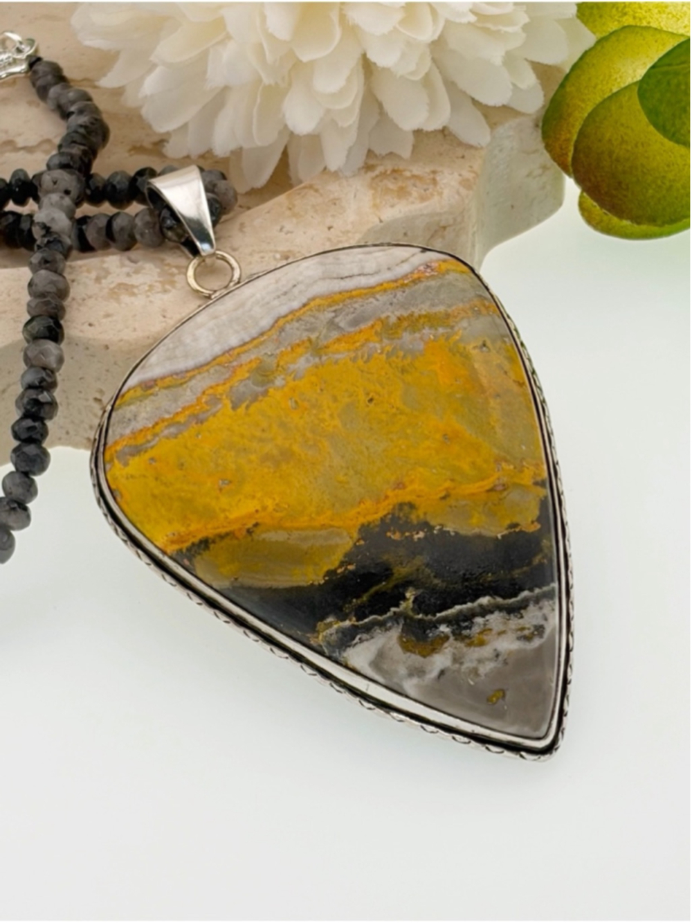 XL Bumblebee Jasper Pendant Moonstone Necklace 925 Sterling Silver Overlay - Picture 3 of 7